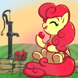 Size: 2165x2165 | Tagged: safe, artist:pfeffaroo, character:strawberry sunrise, species:pegasus, species:pony, cutie mark, eating, eyebrows, eyelashes, eyes closed, female, fence, mare, sitting, smiling, solo, stone, strawberries, strawwberry sunrise, sun, sunrise, that pony sure does love strawberries, underhoof, water pump