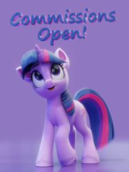 Size: 2160x2876 | Tagged: safe, artist:therealdjthed, character:twilight sparkle, species:pony, species:unicorn, g4, 3d, blender, commission info, commissions open, female, simple background, smiling, solo