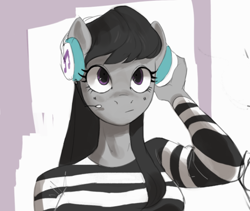 Size: 780x659 | Tagged: safe, artist:cadillacdynamite, character:octavia melody, species:anthro, species:earth pony, species:pony, g4, clothing, eyelashes, female, headphones, implied scratchtavia, implied vinyl scratch, mare, shirt, solo, striped shirt, suggestive source