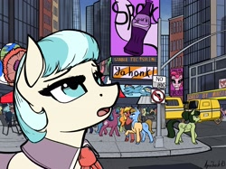 Size: 4001x3000 | Tagged: safe, artist:apocheck13, character:coco pommel, character:pinkie pie, character:rainbow dash, species:earth pony, species:pony, fallout equestria, g4, car, city, cityscape, collar, crossover, explicit source, eyebrows, eyelashes, fallout, female, flower, flower in hair, manehattan, mare, open mouth, solo focus, sparkle cola