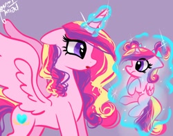 Size: 1368x1074 | Tagged: safe, artist:petaltwinkle, character:princess cadance, species:alicorn, species:pony, g4, cutie mark, doodle, duo, duo female, eyelashes, female, females only, filly, foal, folded wings, frown, glowing horn, horn, levitation, looking at each other, magic, mare, open mouth, ponidox, self paradox, self ponidox, simple background, spread wings, telekinesis, wings, young, young cadance
