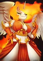 Size: 1768x2500 | Tagged: safe, artist:lummh, part of a set, character:daybreaker, character:princess celestia, species:alicorn, species:anthro, g4, absolute cleavage, black background, breasts, busty daybreaker, cleavage, clothing, dress, eyebrows, eyelashes, female, fire, gauntlet, horn, looking at you, looking down at you, mane of fire, mare, side slit, simple background, smirk, solo, spread wings, strategically covered, total sideslit, wings