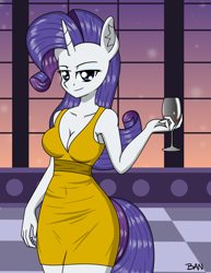 Size: 1858x2403 | Tagged: safe, artist:banquo0, part of a set, character:rarity, species:anthro, species:pony, species:unicorn, g4, alcohol, breasts, busty rarity, cleavage, clothing, dress, drink, ear fluff, explicit source, eyebrows, eyeshadow, female, glass, horn, looking at you, makeup, mare, smiling, solo, sunset, tail, tight clothing, window, wine, wine glass