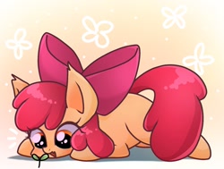 Size: 1451x1099 | Tagged: safe, artist:namaenonaipony, character:apple bloom, species:earth pony, species:pony, g4, abstract background, adorabloom, apple family member, cute, female, filly, foal, looking down, lying down, open mouth, prone, solo, sprout (plant), young