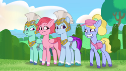 Size: 1920x1080 | Tagged: safe, screencap, character:fifi (g5), character:thunder, character:windy (g5), character:zoom zephyrwing, species:pegasus, species:pony, episode:zipp gets her wings, g5, my little pony: tell your tale, spoiler:tyts01e02, bag, clothing, cloud, colored wings, day, eyebrows, female, fifibetes, folded wings, frown, grin, guard, guardsmare, hat, helmet, looking sideways, male, mare, multicolored wings, nervous, nervous grin, outdoors, pegasus royal guard, ponytail, shoulder bag, sky, smiling, stallion, tree, visor, wings