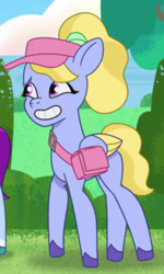 Size: 494x825 | Tagged: safe, screencap, character:fifi (g5), species:pegasus, species:pony, episode:zipp gets her wings, g5, my little pony: tell your tale, spoiler:tyts01e02, clothing, colored hooves, colored wings, cropped, cute, eyelashes, fifibetes, folded wings, grin, hat, hooves, looking sideways, multicolored wings, nervous, nervous grin, ponytail, shoulder bag, smiling, solo, visor, wings