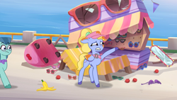 Size: 1366x768 | Tagged: safe, screencap, character:fifi (g5), species:pegasus, species:pony, episode:zipp gets her wings, g5, spoiler:tyts01e02, banana, cart, clothing, colored hooves, colored wings, destruction, female, floppy ears, folded wings, food, fruit, glasses, hat, hooves, lip bite, mare, maretime bay, mirror, multicolored wings, one hoof raised, ponytail, shoulder bag, solo focus, sunglasses, surprised, visor, wings