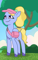 Size: 488x764 | Tagged: safe, screencap, character:fifi (g5), species:pegasus, species:pony, episode:zipp gets her wings, g5, spoiler:tyts01e02, clothing, colored hooves, colored wings, confident, cropped, eyebrows, female, folded wings, hat, hooves, mare, multicolored wings, ponytail, shoulder bag, smiling, solo, tail, visor, wings