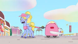 Size: 3410x1920 | Tagged: safe, screencap, character:fifi (g5), species:pony, episode:foal me once, g5, spoiler:tyts01e08, building, cart, clothing, cloud, colored hooves, colored wings, day, eyebrows, female, folded wings, gasp, hat, hooves, looking at you, mare, maretime bay, multicolored wings, open mouth, outdoors, shoulder bag, sky, solo, visor, wide eyes, wings