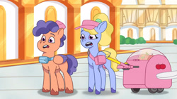 Size: 3410x1920 | Tagged: safe, screencap, character:fifi (g5), species:pony, episode:queen for a day, g5, my little pony: tell your tale, spoiler:tyts01e17, cart, character:berries (g5), clothing, colored hooves, colored wings, duo, duo male and female, eyebrows, female, folded wings, fruit, hat, hooves, male, mare, multicolored wings, open mouth, ponytail, shoulder bag, stallion, surprised, visor, wings, zephyr heights