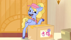 Size: 3410x1920 | Tagged: safe, screencap, character:fifi (g5), character:pipp petals, character:zipp storm, species:pegasus, species:pony, episode:puphunt, g5, my little pony: tell your tale, spoiler:tyts01e26, box, clothing, colored wings, female, folded wings, hat, looking sideways, mare, multicolored wings, open mouth, pipp wings, ponytail, shoulder bag, smiling, solo, tape, visor, wings