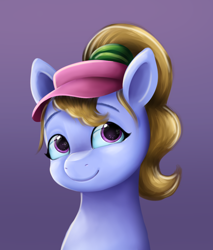 Size: 718x842 | Tagged: safe, artist:malarkey, character:fifi (g5), species:pegasus, species:pony, g5, bust, clothing, cute, eyebrows, female, fifibetes, gradient background, hat, looking sideways, looking sideways at you, mare, ponytail, portrait, simple background, smiling, solo, visor