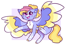 Size: 2469x1722 | Tagged: safe, artist:moccabliss, character:fifi (g5), species:pegasus, species:pony, g5, alternate design, beanbrows, blushing, chest fluff, clothing, colored wings, eye clipping through hair, eyebrows, eyebrows visible through hair, female, hat, mare, multicolored wings, simple background, solo, spread wings, tail, underhoof, visor, wings
