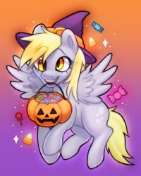 Size: 960x1200 | Tagged: safe, artist:vesqaxx, character:derpy hooves, species:pegasus, species:pony, g4, candy, candy corn, clothing, cute, cutie mark, derpabetes, female, food, gradient background, halloween, hat, holding, holiday, jack-o-lantern, lollipop, mare, mouth hold, outstretched wings, pumpkin, smiling, solo, watermark, witch hat