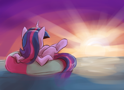 Size: 2238x1620 | Tagged: safe, artist:saturdaymorningproj, character:twilight sparkle, species:pony, g4, female, horn, inflatable, inner tube, mare, ocean, solo, sunset, tail, water
