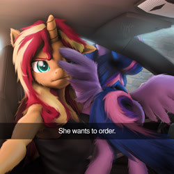 Size: 5400x5400 | Tagged: safe, artist:imafutureguitarhero, character:sunset shimmer, character:twilight sparkle, character:twilight sparkle (alicorn), character:twilight sparkle (scitwi), species:alicorn, species:anthro, species:eqg human, species:pony, species:unicorn, g4, my little pony:equestria girls, alicornified, car, duo, duo female, equestria girls ponified, fast food, female, females only, he want to order, horn, looking at you, mare, meme, ponified, race swap, scitwilicorn, snapchat, species swap, spread wings, tail, wings