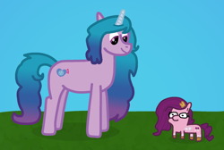Size: 2000x1345 | Tagged: safe, artist:freestadiumtix, character:izzy moonbow, character:pipp petals, species:pegasus, species:pony, species:unicorn, g5, crown, duo, duo female, female, gradient hair, horn, izzy is tol, jewelry, mare, multicolored hair, pipp is small, pipp wings, regalia, smol, wings
