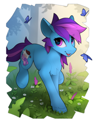 Size: 1600x2070 | Tagged: safe, artist:yakovlev-vad, oc, oc only, oc:nohra, species:earth pony, species:pony, g4, butterfly, cute, earth pony oc, eye clipping through hair, female, flower, looking at you, mare, ocbetes, open mouth, open smile, simple background, smiling, solo, white background