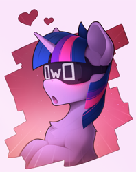 Size: 1600x2020 | Tagged: safe, artist:yakovlev-vad, character:twilight sparkle, species:pony, species:unicorn, g4, abstract background, blushing, bust, chest fluff, female, goggles, heart, horn, mare, open mouth, owo, solo, virtual reality, vr headset