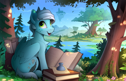 Size: 2350x1505 | Tagged: safe, artist:yakovlev-vad, patreon reward, oc, oc only, species:pegasus, species:pony, g4, book, chest fluff, cute, eyebrows, eyebrows visible through hair, floating island, forest, freckles, inkwell, ocbetes, open mouth, open smile, patreon, pegasus oc, scenery, scroll, sitting, smiling, solo, three quarter view, tree, water