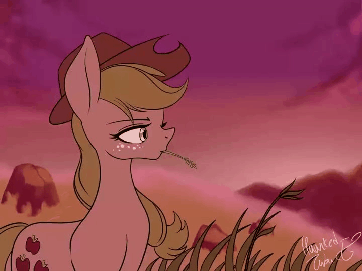 Size: 720x540 | Tagged: safe, artist:hauntedtuba, character:applejack, species:earth pony, species:pony, g4, animated, blinking, eye shimmer, female, gif, grass, mare, signature, solo, straw in mouth, wind, windswept mane