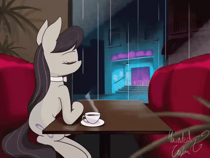 Size: 720x540 | Tagged: safe, alternate version, artist:hauntedtuba, character:octavia melody, species:earth pony, species:pony, g4, animated, blinking, coffee, coffee mug, drink, eyebrows, female, gif, loop, mare, mug, neon, neon sign, no sound, perfect loop, profile, rain, shrug, sigh, sitting, solo