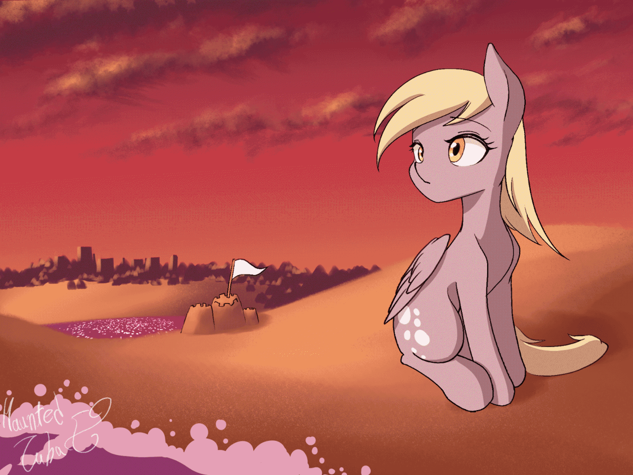 Size: 1280x960 | Tagged: safe, artist:hauntedtuba, character:derpy hooves, species:pegasus, species:pony, g4, animated, beach, blinking, eye shimmer, eyebrows, eyebrows visible through hair, female, gif, mare, outdoors, sandcastle, signature, sitting, solo, three quarter view, water, wave, windswept mane