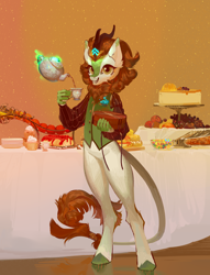 Size: 3000x3930 | Tagged: safe, artist:yanisfucker, character:autumn blaze, species:anthro, species:kirin, species:unguligrade anthro, g4, apple, bipedal, bottomless, burger, cake, clothing, colored hooves, cup, cupcake, drink, female, food, glowing horn, hay, hay burger, high res, hooves, horn, looking at you, magic, magic aura, partial nudity, pouring, present, smiling, smiling at you, solo, table, tea, teacup, teapot, telekinesis, vest