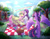 Size: 3150x2450 | Tagged: safe, artist:midoriya_shouto, character:fluttershy, character:rarity, character:twilight sparkle, g4, basket, cloud, cup, cute, folded wings, forest, grass, outdoors, picnic, picnic blanket, plate, rainbow, teacup, teapot, trio, wings