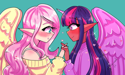 Size: 3000x1800 | Tagged: safe, artist:midoriya_shouto, character:fluttershy, character:twilight sparkle, species:human, g4, cute, female, holding hands, humanized, lesbian, species swap