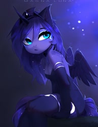Size: 2430x3133 | Tagged: safe, artist:magnaluna, character:princess luna, species:alicorn, species:anthro, g4, breasts, cleavage, clothing, eye clipping through hair, eyebrows, eyebrows visible through hair, female, high res, horn, looking at you, looking back, mare, sitting, socks, solo, stockings, thigh highs, wings