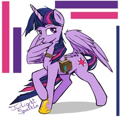 Size: 1230x1186 | Tagged: safe, artist:sallycars, character:twilight sparkle, character:twilight sparkle (alicorn), species:alicorn, species:pony, g4, abstract background, bag, book, cute, digital art, female, implied sunny starscout, looking at you, mare, ms paint, saddle bag, simple background, solo, text, twiabetes, white background, wing hands, wings