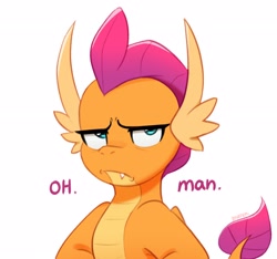Size: 2886x2702 | Tagged: safe, artist:maren, character:smolder, species:dragon, g4, cute, dragoness, female, frown, looking at you, signature, simple background, smolder is not amused, smolderbetes, solo, text, unamused, white background