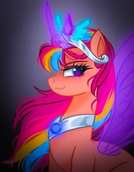 Size: 1074x1368 | Tagged: safe, artist:petaltwinkle, character:sunny starscout, species:alicorn, species:pony, g5, alicornified, artificial wings, augmented, crown, crystal, earth pony crystal, female, gradient background, jewelry, looking at you, magic horn, magic wings, mare, multicolored hair, necklace, pegasus crystal, peytral, profile, race swap, regalia, signature, simple background, solo, sunnycorn, unicorn crystal, wings