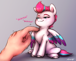 Size: 2698x2159 | Tagged: safe, artist:buttersprinkle, character:zipp storm, species:pegasus, species:pony, g5, adorazipp, chest fluff, colored eyebrows, colored hooves, colored wings, cute, descriptive noise, eyebrows, female, fluffy, gradient background, hand, hooves, mare, multicolored wings, offscreen character, offscreen human, onomatopoeia, scratching, sitting, solo, tiny, tiny ponies, unshorn fetlocks, wings