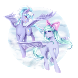 Size: 1000x1000 | Tagged: safe, artist:elaphine, character:cloudchaser, character:flitter, species:pegasus, species:pony, g4, bow, cloud, cute, female, flying, hair bow, mare, open mouth, open smile, profile, simple background, smiling, spread wings, three quarter view, transparent background, wings