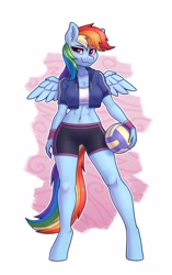 Size: 2208x3508 | Tagged: safe, artist:dandy, part of a set, character:rainbow dash, species:anthro, species:pegasus, species:pony, species:unguligrade anthro, g4, abs, belly button, bracelet, chest fluff, clothing, crop top, cute, dashabetes, ear piercing, earring, eyebrows, eyebrows visible through hair, female, jacket, jewelry, looking sideways at you, mare, piercing, raised eyebrow, shirt, simple background, smiling, smirk, solo, sports, spread wings, tail, volleyball, wings, wristband
