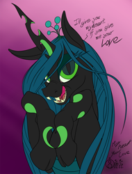 Size: 914x1200 | Tagged: safe, alternate version, artist:sepiakeys, character:queen chrysalis, species:changeling, g4, changeling queen, cloven hooves, crown, dialogue, fangs, female, gradient background, hooves, horn, jewelry, licking lips, regalia, sharp teeth, simple background, slit eyes, solo, text, tongue out