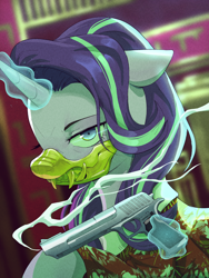Size: 3000x4000 | Tagged: safe, artist:vanillaghosties, character:starlight glimmer, species:pony, species:unicorn, g4, desert eagle, eyebrows, facemask, female, floppy ears, glowing horn, gun, handgun, horn, levitation, lidded eyes, looking at you, magic, mare, pistol, rainbow six siege, solo, telekinesis, video game crossover, weapon