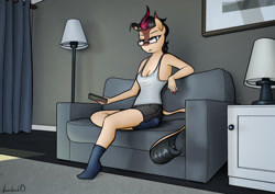 Size: 1280x905 | Tagged: safe, artist:apocheck13, patreon reward, oc, oc only, oc:hex, species:anthro, species:kirin, species:plantigrade anthro, breasts, cleavage, clothing, couch, explicit source, eyebrows, female, glasses, lamp, remote control, shorts, sitting, solo, tank top