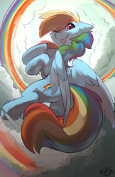 Size: 3300x5100 | Tagged: safe, artist:beardie, character:rainbow dash, species:pegasus, species:pony, g4, ;p, blep, butt, cloud, eyebrows, eyebrows visible through hair, female, flying, mare, one eye closed, rainbow, rainbutt dash, solo, tongue out, underhoof, wink