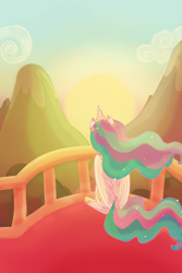 Size: 1800x2700 | Tagged: safe, artist:kiibely kimmy, manebooru original, character:princess celestia, species:pony, fanfic:looking glass, series:who we become, g4, balcony, commission, crown, female, from behind, jewelry, mare, mountain, regalia, scenery, sitting, solo, sunset