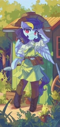 Size: 1936x4096 | Tagged: safe, artist:saxopi, oc, oc only, species:pegasus, species:pony, apron, arm hooves, clothing, commission, complex background, cute, female, hoof boots, looking at you, mare, ocbetes, pants, semi-anthro, shed, shirt, smiling, solo, spread wings, straw hat, toolbelt, trowel, wings