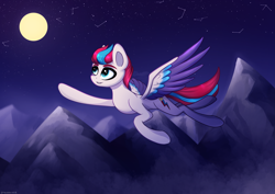 Size: 3721x2631 | Tagged: safe, artist:stravy_vox, character:zipp storm, species:pegasus, species:pony, g5, my little pony: a new generation, colored eyebrows, colored wings, constellation, eyebrows, female, flying, full moon, grin, high res, mare, moon, mountain, multicolored wings, night, night sky, sky, smiling, solo, stars, wings