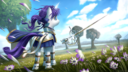 Size: 3840x2160 | Tagged: safe, artist:robsa990, character:rarity, species:pony, species:unicorn, g4, alternate hairstyle, armor, bow, braid, female, flower, glowing horn, hair bow, horn, magic, magic aura, mare, petals, rapier, signature, solo, sword, tail, tail wrap, telekinesis, tree, weapon, windswept mane, windswept tail