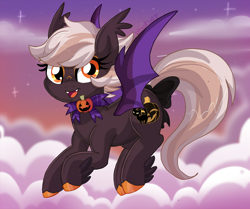 Size: 2596x2169 | Tagged: safe, artist:spookyle, oc, oc only, oc:harvest moon, species:bat pony, species:pony, g4, bat pony oc, bow, colored hooves, cute, fangs, female, flying, freckles, hooves, hybrid, hybrid oc, ocbetes, open mouth, sharp teeth, signature, solo, spread wings, tail, tail bow, unshorn fetlocks, wings