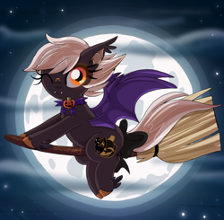 Size: 2510x2455 | Tagged: safe, artist:spookyle, oc, oc only, oc:harvest moon, species:bat pony, species:pony, g4, bat pony oc, bat wings, bow, broom, colored hooves, cute, fangs, female, flying, flying broomstick, freckles, full moon, hooves, hybrid, looking at you, mare, moon, night, night sky, one eye closed, sharp teeth, signature, sky, solo, spread wings, starry night, stars, tail bow, unshorn fetlocks, wings, wink, winking at you, witch