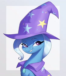 Size: 2754x3177 | Tagged: safe, artist:aquaticvibes, character:trixie, species:pony, species:unicorn, g4, bust, cape, clothing, eyebrows, eyelashes, female, hat, looking sideways, mare, portrait, simple background, smirk, solo, trixie's cape, trixie's hat, wizard hat