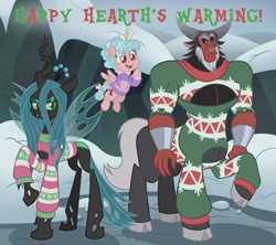 Size: 1825x1623 | Tagged: safe, artist:itoruna-the-platypus, character:cozy glow, character:lord tirek, character:queen chrysalis, species:centaur, species:changeling, species:pegasus, species:pony, g4, boob window, breasts, changeling queen, christmas changeling, christmas sweater, cleavage, clothing, female, filly, flying, foal, hearth's warming, holiday, legion of doom, male, snow, sweater, taur, young