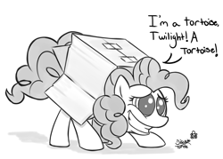 Size: 1133x812 | Tagged: safe, artist:discrete turtle, derpibooru original, character:pinkie pie, species:earth pony, species:pony, g4, box, cardboard box, dilated pupils, english, female, grayscale, grin, lineart, mare, monochrome, nervous, nervous grin, silly, silly pony, simple background, smiling, white background